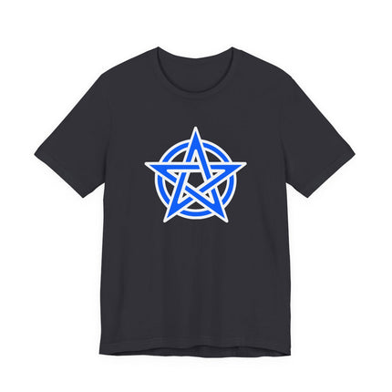 Black t-shirt featuring a blue pentagram and pentacle symbol graphic for occult or magic themed apparel.