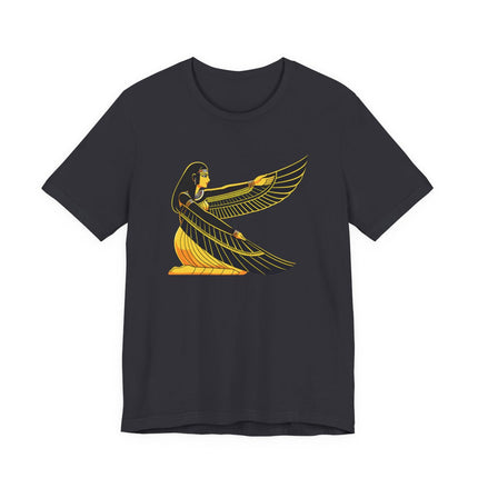 Isis Egyptian goddess graphic tee featuring golden wings and ancient Egyptian motifs.