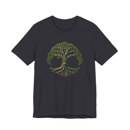 Celtic Tree of Life skull design on a black unisex graphic tee featuring mythology symbolism.