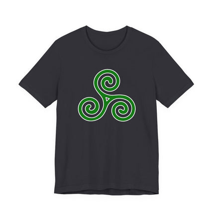 Green Celtic Triskelion symbol on a black t-shirt. Triple spiral knotwork design.