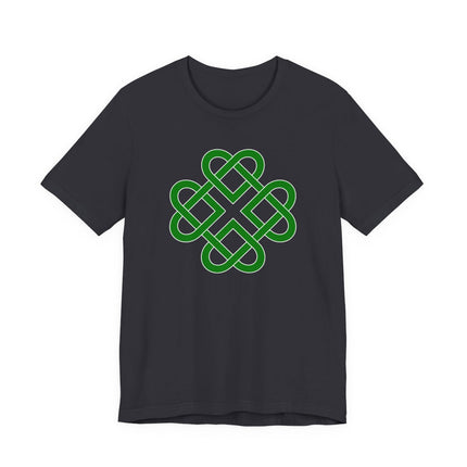 Green Celtic knot clover symbol graphic tee on a black t-shirt.