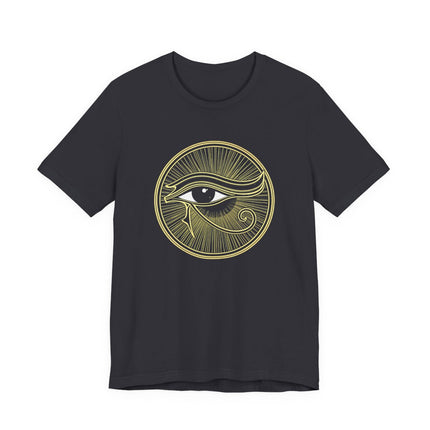 Golden Eye of Horus symbol graphic on a black t-shirt. Egyptian protection symbol tee.