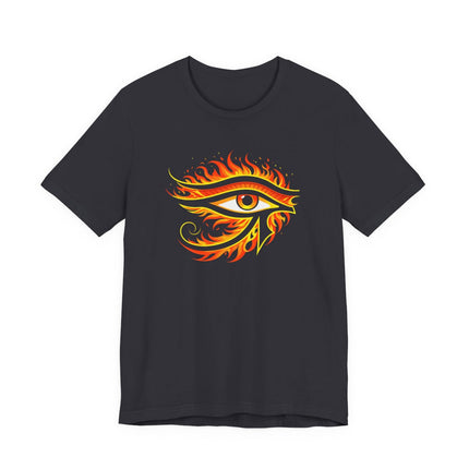 Burning Egyptian Eye of Horus symbol graphic on a black tee.