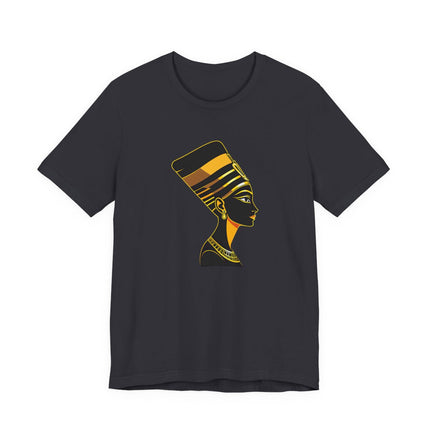 Nefertiti Egyptian queen profile art graphic tee design on a dark shirt.