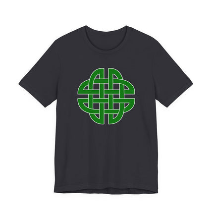 Green Celtic knot symbol graphic tee featuring interlocking green knotwork design.
