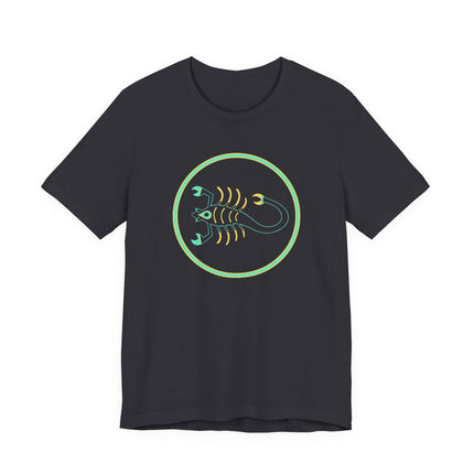Yellow and turquoise scorpion zodiac graphic on a black t-shirt. Minimalist astrology design.