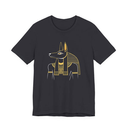 Gold Anubis Egyptian jackal god graphic on a black t-shirt. Ancient Egypt mythology art.