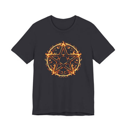 Occult pentagram graphic tee featuring a glowing, fiery, burning star symbol design.