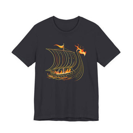 Burning Viking longship graphic on a black t-shirt.
