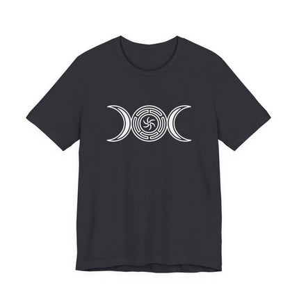 Triple Moon Goddess symbol on a black tee, representing Hecate and pagan magic.