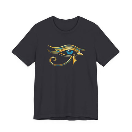 Eye of Ra symbol graphic on a black t-shirt, featuring ancient Egyptian gold and blue details.