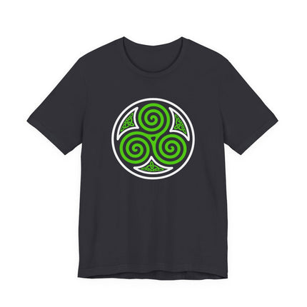 Celtic triskelion symbol graphic featuring three spirals on a black tee.