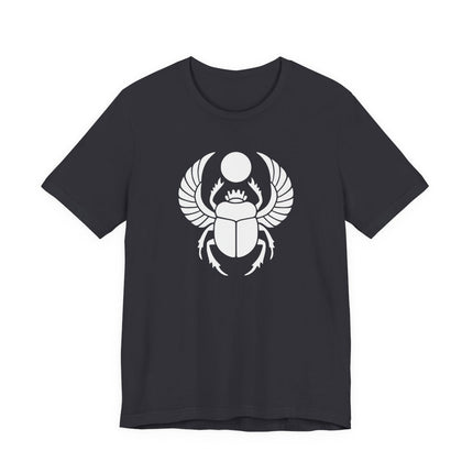 Khepri scarab beetle graphic on a black t-shirt, symbolizing ancient Egyptian rebirth and mythology.