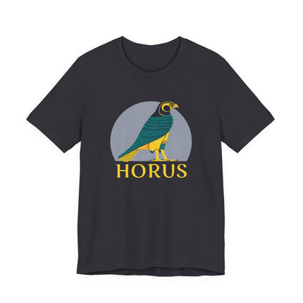 Horus Egyptian falcon god graphic on a black t-shirt.