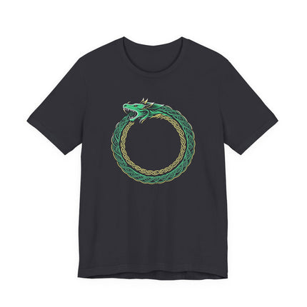 Norse Ouroboros dragon knotwork graphic tee on a black t-shirt.