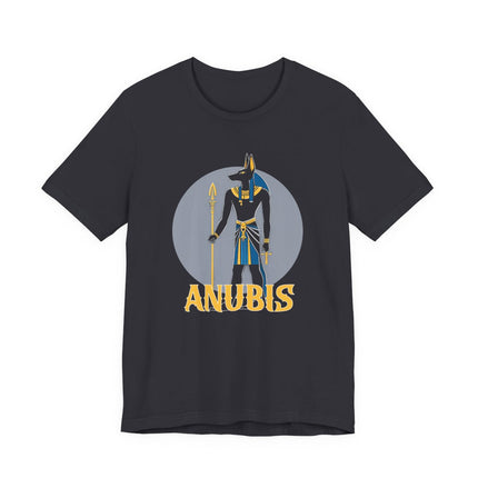 Anubis Egyptian god graphic tee featuring ancient Egyptian mythology art.