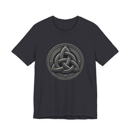 Triquetra Celtic knot symbol graphic on a dark unisex t-shirt.