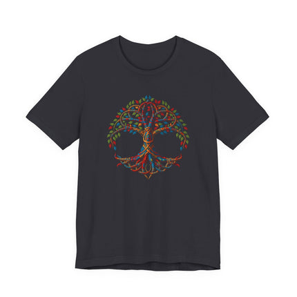 Yggdrasil Tree of Life graphic t-shirt with Celtic knot and skull design.
