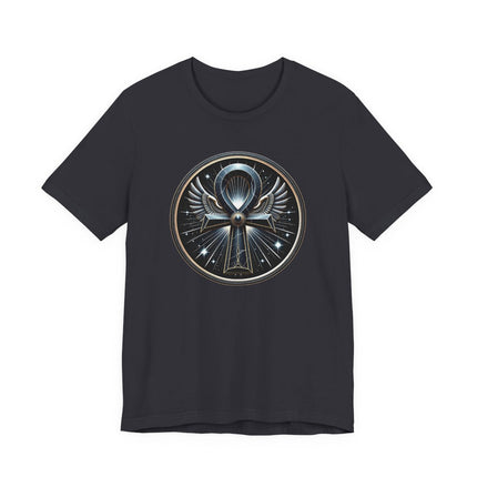 Black t-shirt featuring a mystical winged Ankh Egyptian symbol graphic design.