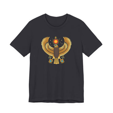 Golden Ra falcon illustration on a t-shirt, depicting ancient Egyptian mythology and god symbolism.