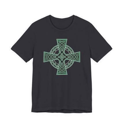 Celtic Cross knotwork design graphic on a black t-shirt.