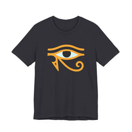 Eye of Horus symbol graphic on a dark t-shirt. Ancient Egyptian protection art.