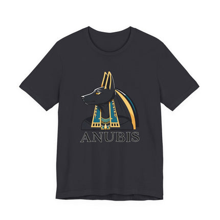 Anubis Egyptian god graphic tee shirt featuring the jackal-headed deity and name. Mythology apparel.