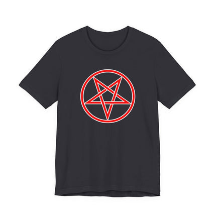 Red inverted pentagram symbol on a black occult graphic t-shirt.