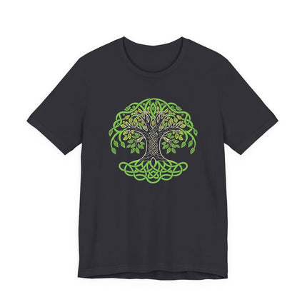 Celtic Tree of Life knotwork graphic on a black t-shirt.