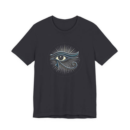 Eye of Horus symbol graphic t-shirt featuring ancient Egyptian mythology and protection.