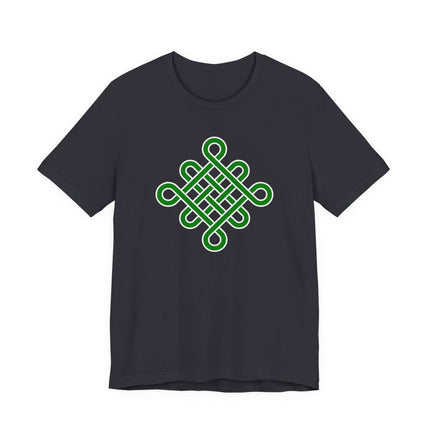 Black t-shirt featuring a green Celtic knotwork symbol of eternity.