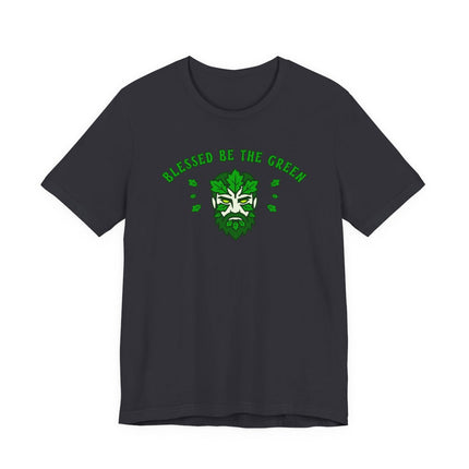 Green Man pagan graphic tee with "Blessed Be The Green" text, featuring nature and forest motifs.