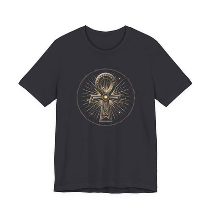 Dark t-shirt featuring a detailed gold graphic of the Egyptian Ankh symbol and ancient Egyptian motifs.