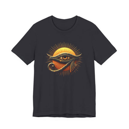 Eye of Ra symbol graphic tee featuring a golden Egyptian sunburst design.