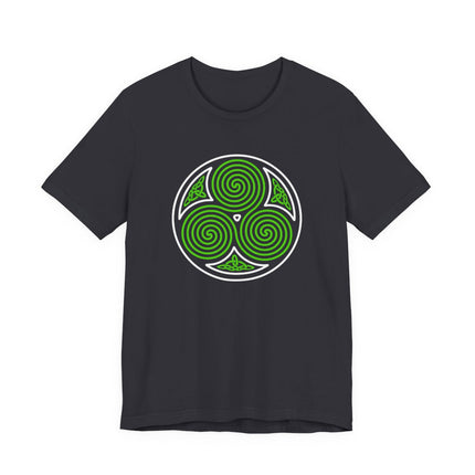 Celtic triskelion knotwork graphic tee featuring a green triple spiral Celtic symbol design.