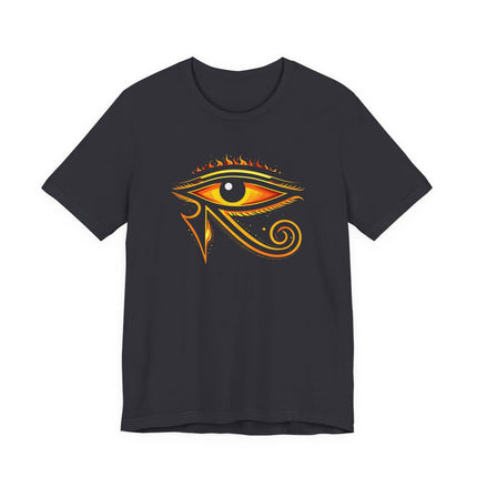 Egyptian Eye of Horus symbol graphic tee with a fiery, protective design.