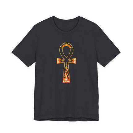 Black t-shirt featuring a vibrant, flaming Egyptian Ankh symbol of eternal life.