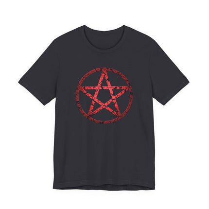 Distressed red pentagram pentacle graphic on a dark occult t-shirt.