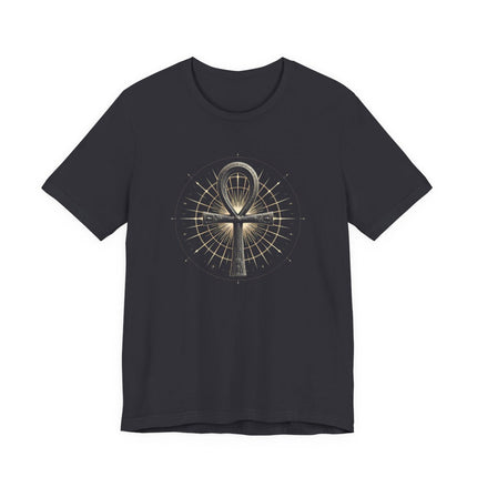 Gold Ankh symbol graphic on a black t-shirt, representing the Egyptian Key of Life.