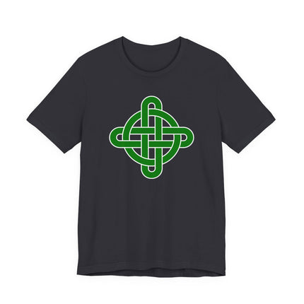 Green Celtic knotwork cross graphic on a black t-shirt.