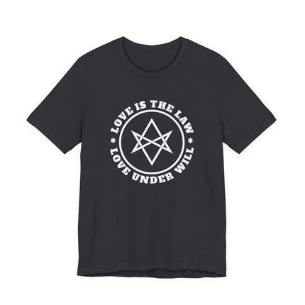 Love Is The Law hexagram graphic tee shirt with occult symbols.
