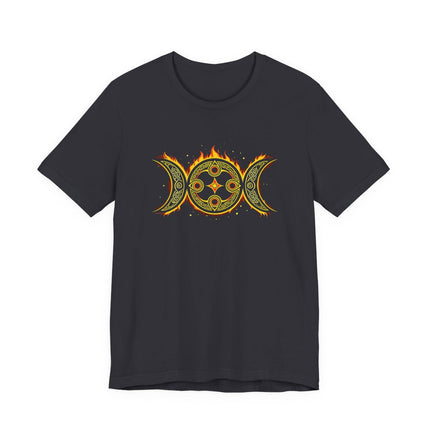 Celtic triple moon goddess symbol on a dark t-shirt, featuring a fiery Celtic knot design.