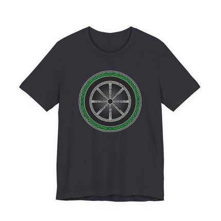 Black t-shirt featuring a circular Celtic knot wheel symbol design.
