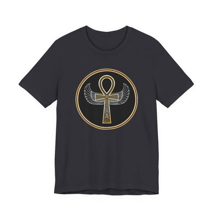 Ancient Egyptian winged ankh symbol graphic tee on a black shirt, featuring ornate gold detailing.