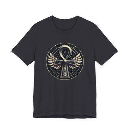 Winged Ankh symbol graphic tee featuring ancient Egyptian spiritual art in gold.