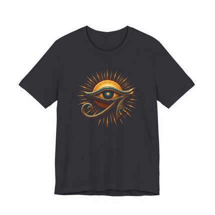 Eye of Ra Egyptian symbol graphic on a dark t-shirt.