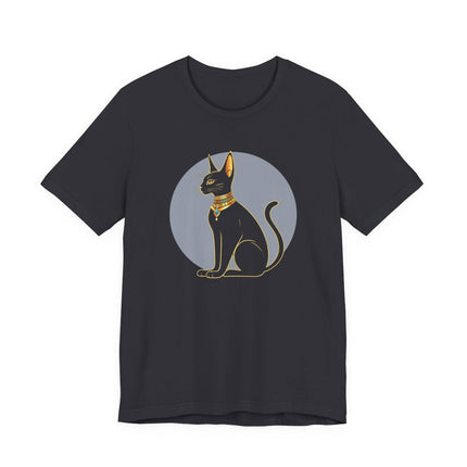 Minimalist Bastet Egyptian cat silhouette graphic tee with gold accents.