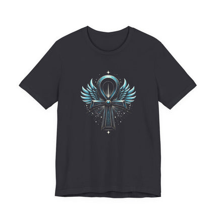 Winged Ankh Egyptian symbol graphic on a black t-shirt.