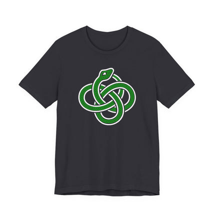 Ouroboros snake knotwork graphic tee featuring a green Celtic serpent design.