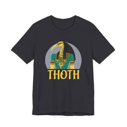 Thoth Egyptian god graphic t-shirt featuring the ibis deity and the name THOTH.